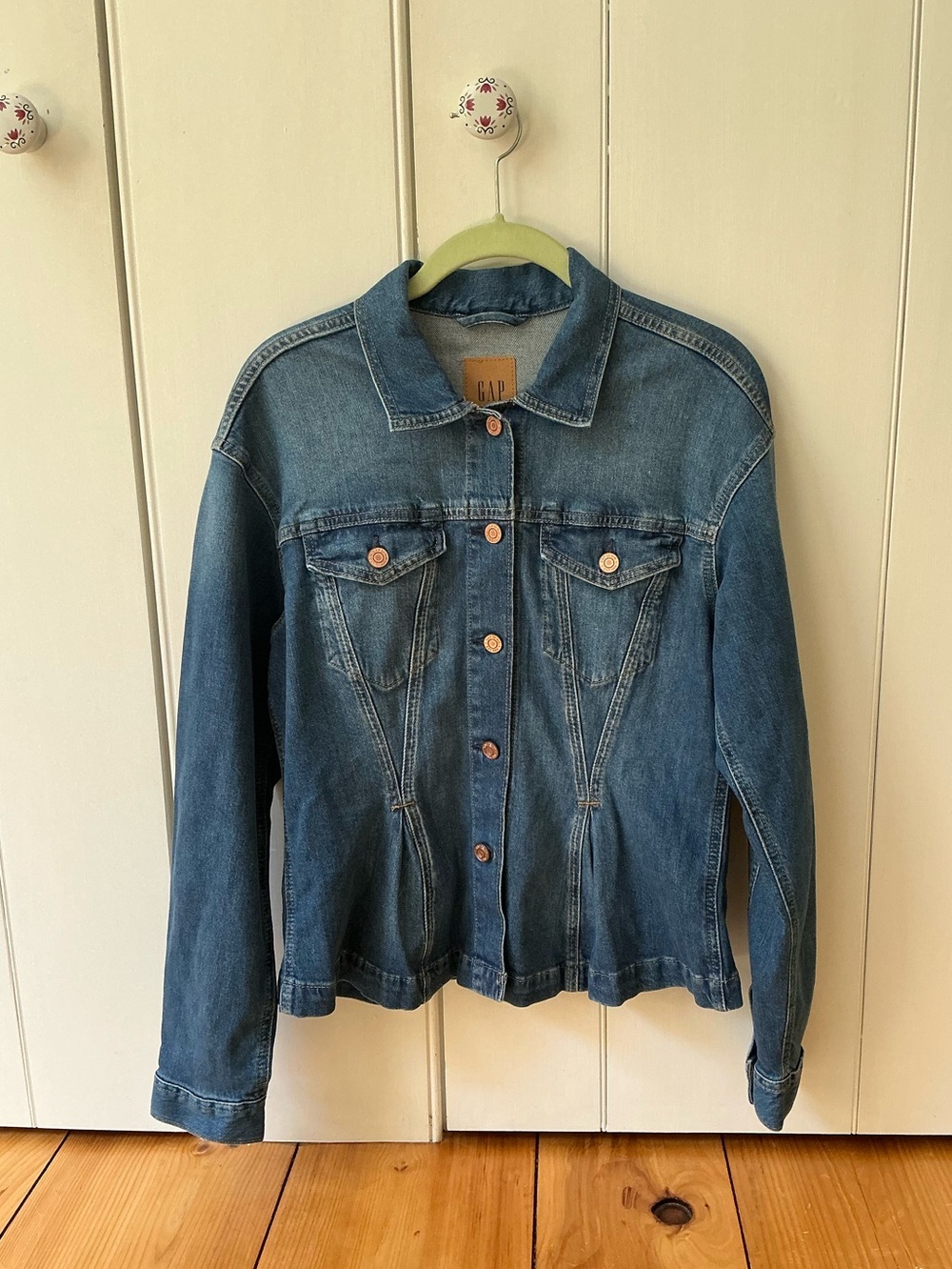 "GAP Cinched Denim Peplum Jacket Pleated Medium Indigo 498999"